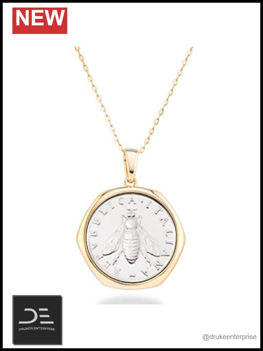 18K Gold Plated Sterling Silver Bee Coin Pendant Necklace